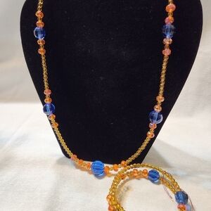 Hand Crafted Vibrant Beaded Crystal Necklace and Bracelet Set Blue Orange Yellow